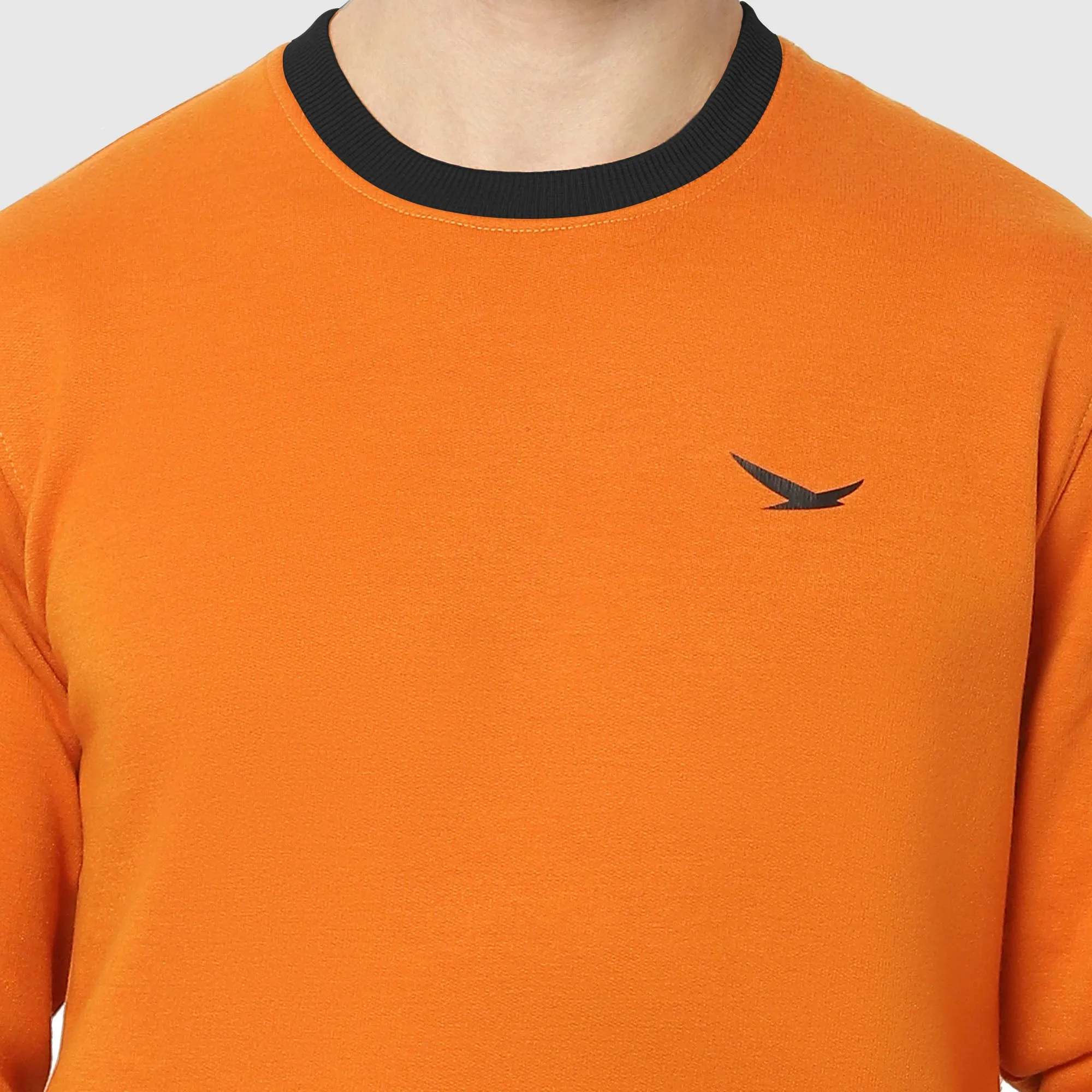 Hiflyers Men Slim Fit Cotrast Rib Cotton Fleece Round Neck Sweatshirt -Orange