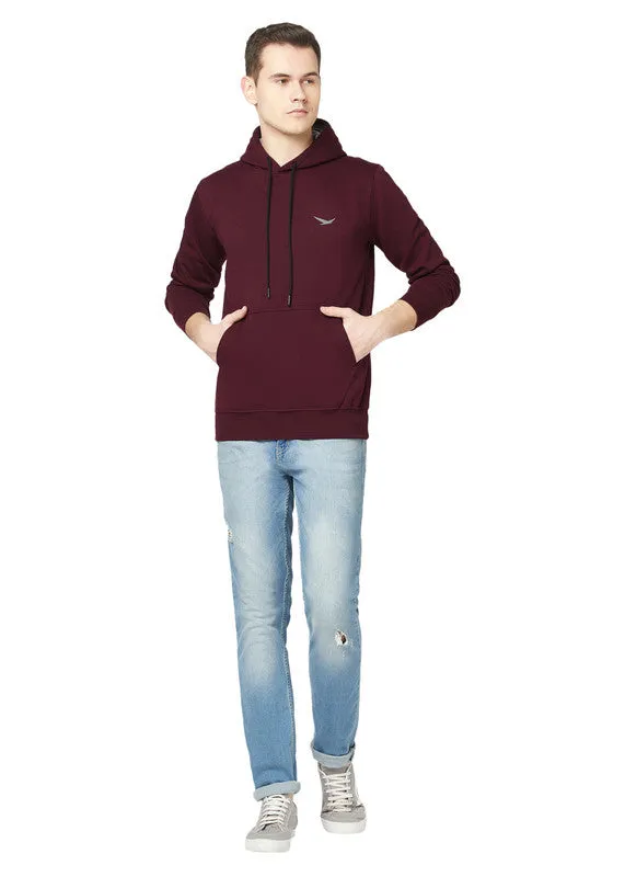 Hiflyers Men Wine Cotton Fleece Smart Fit  Solid Sweatshirt With Hood