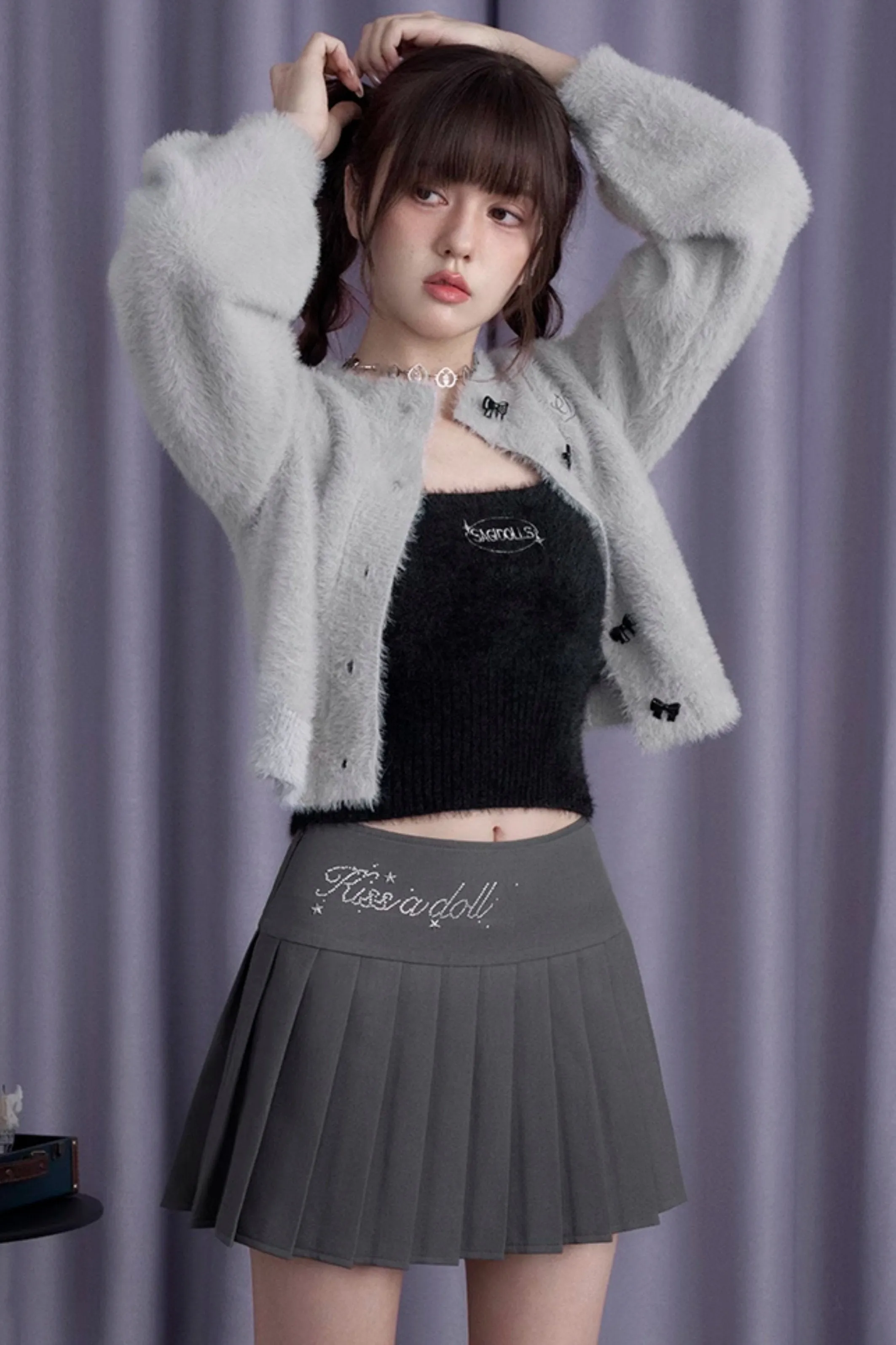 High Waist Rhinestone Pleated Skirt