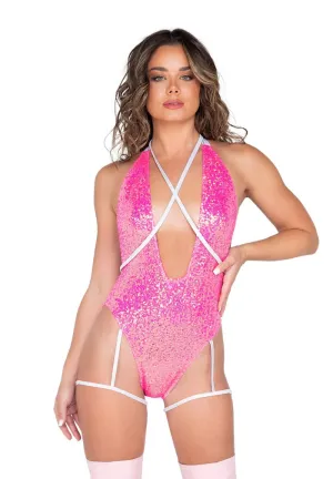 Hot Pink Plunge Sequin Romper With Garters And Criss-Cross Strap