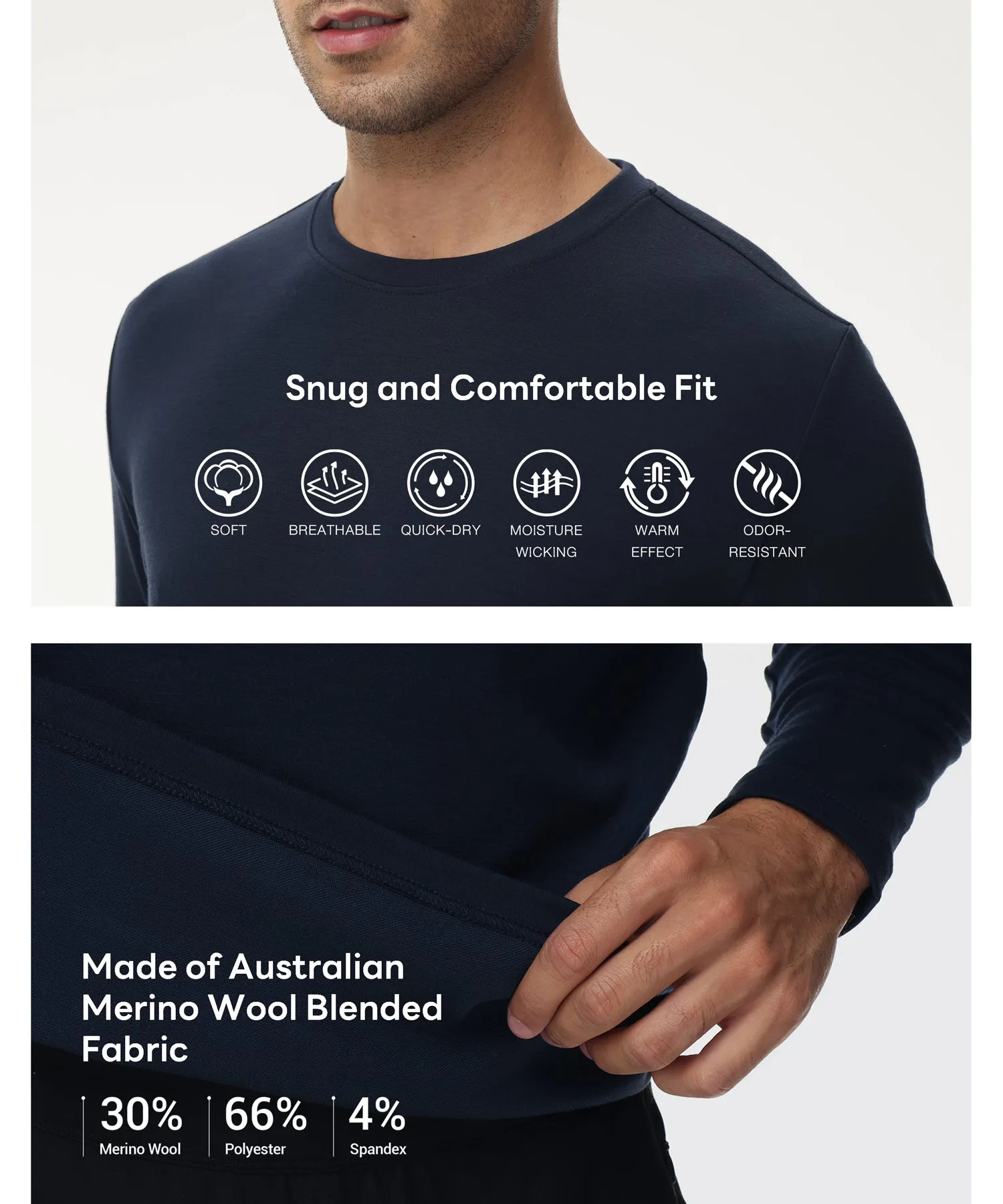 HUGE SPORTS Men's Merino Wool Long Sleeve Thermal Shirts