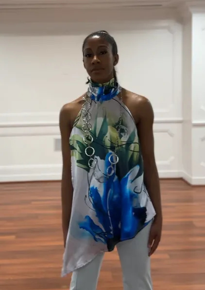 Indigo Asian Floral  Asymmetric Halter Satin Top