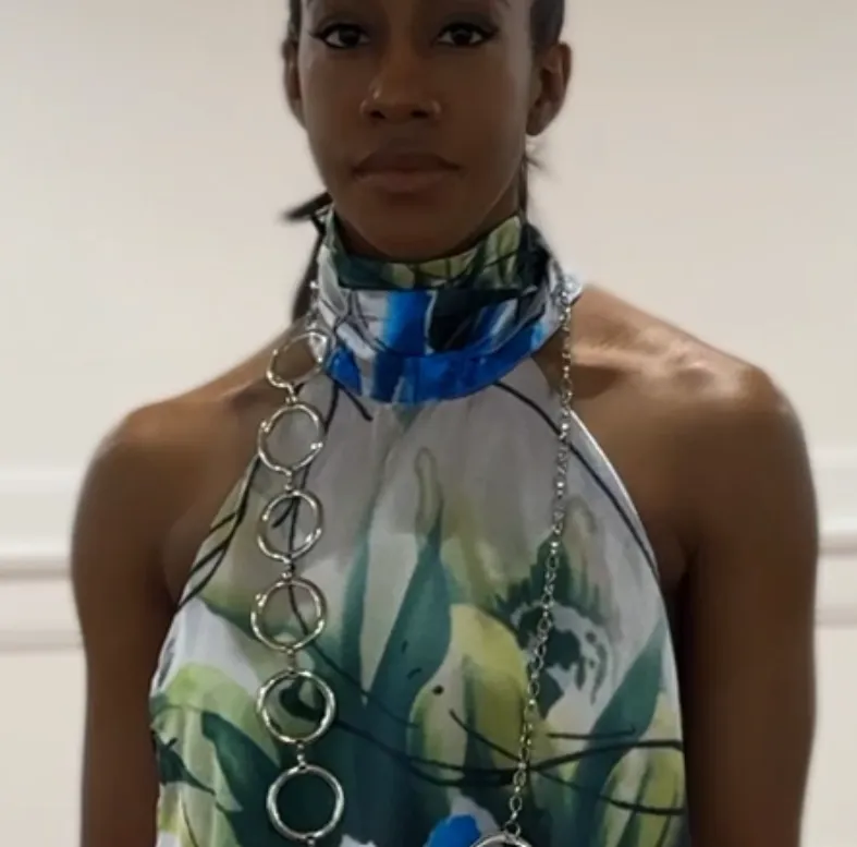 Indigo Asian Floral  Asymmetric Halter Satin Top