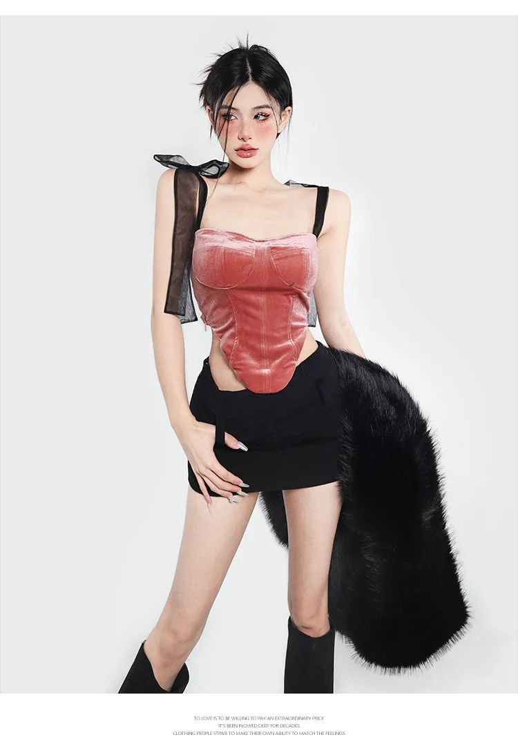 Jazmin Velour Pink Black Ribbon Corset Top