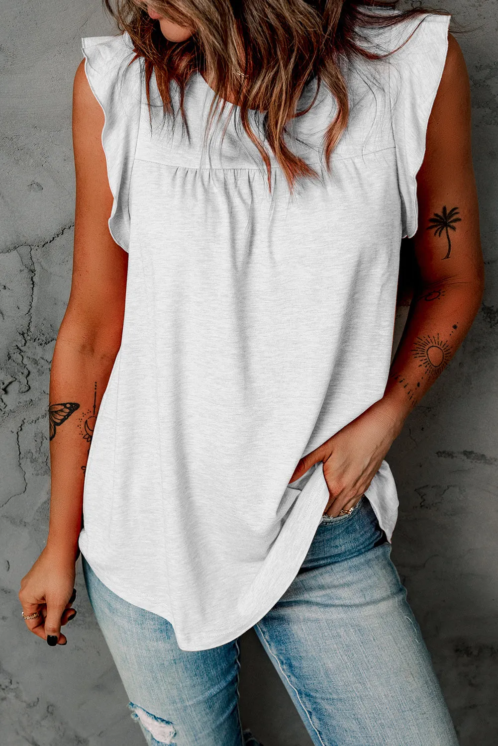 Keyhole Back Ruffled Sleeveless Top
