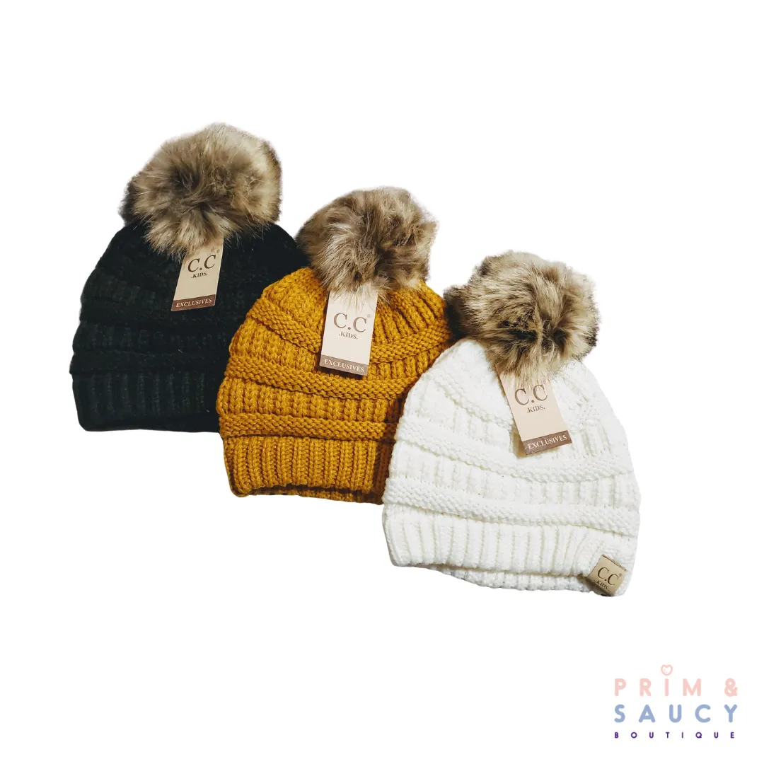 Kid's CC Beanie Hats with Fur Pom-Pom