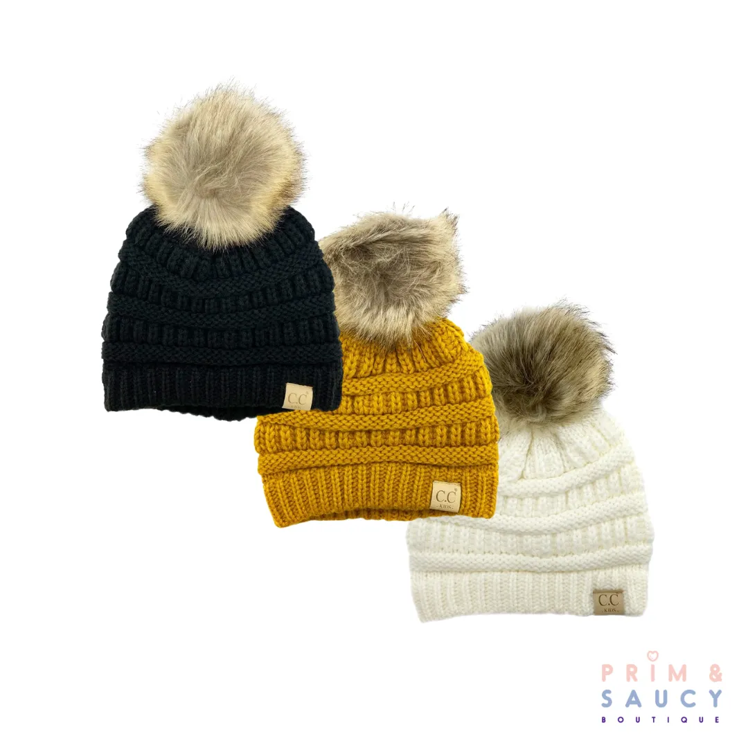 Kid's CC Beanie Hats with Fur Pom-Pom