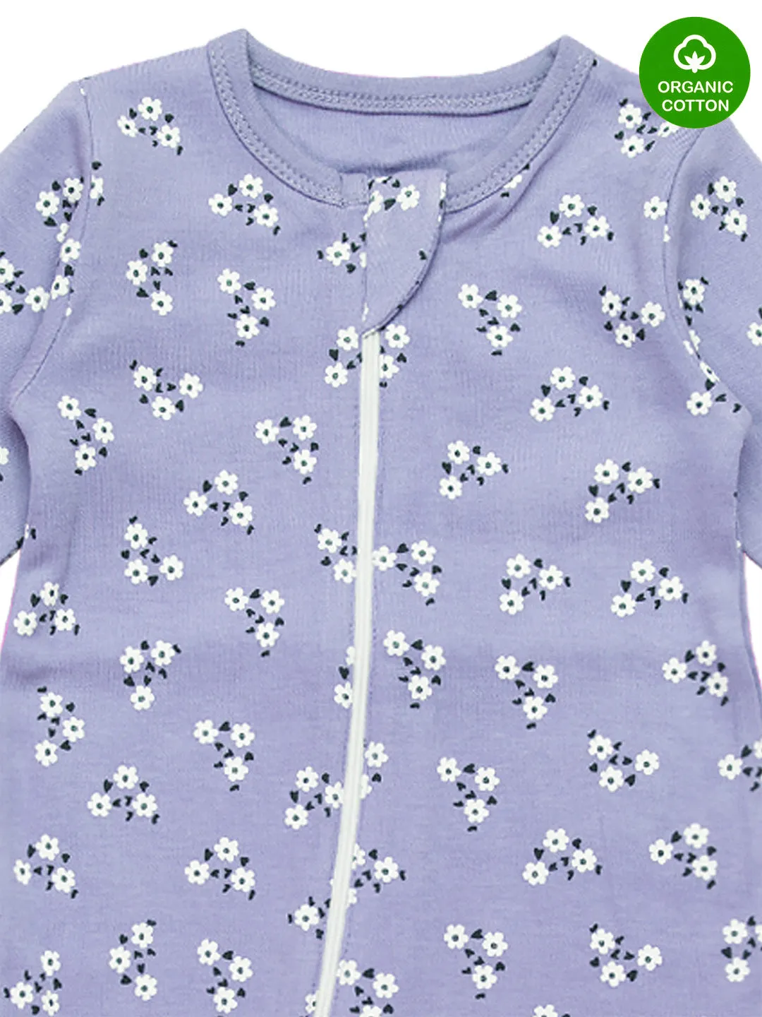 Long Sleeve Round Neck Floral Print Purple Romper For Baby Girls.
