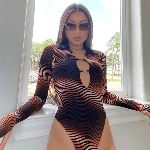 Long Sleeve Skinny Hollow Out Women Bodysuit