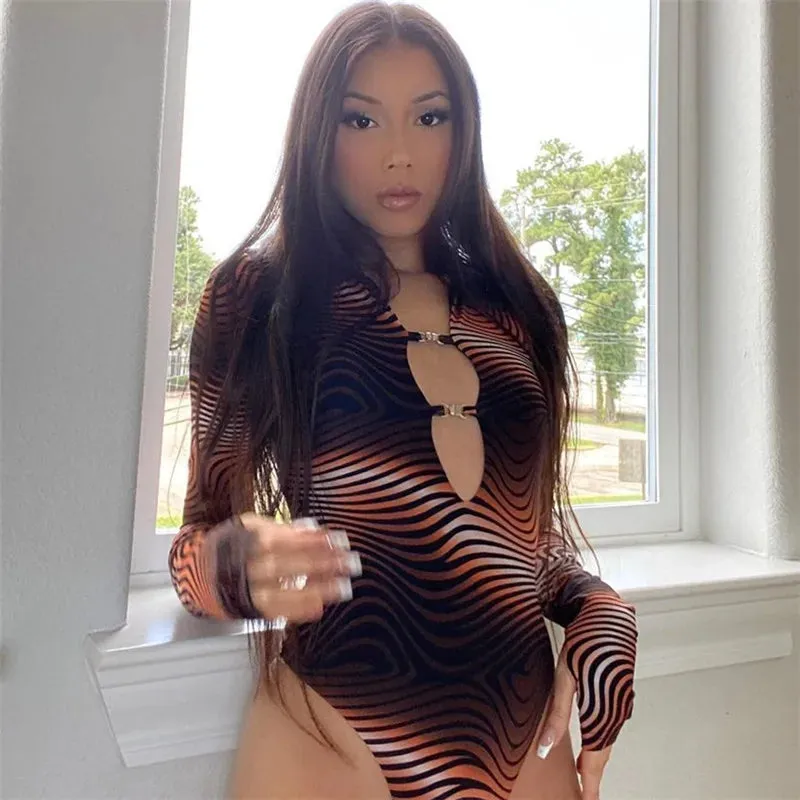 Long Sleeve Skinny Hollow Out Women Bodysuit