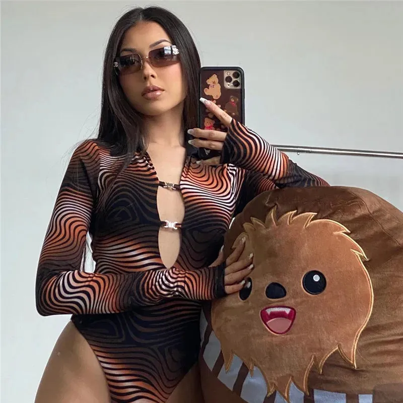 Long Sleeve Skinny Hollow Out Women Bodysuit