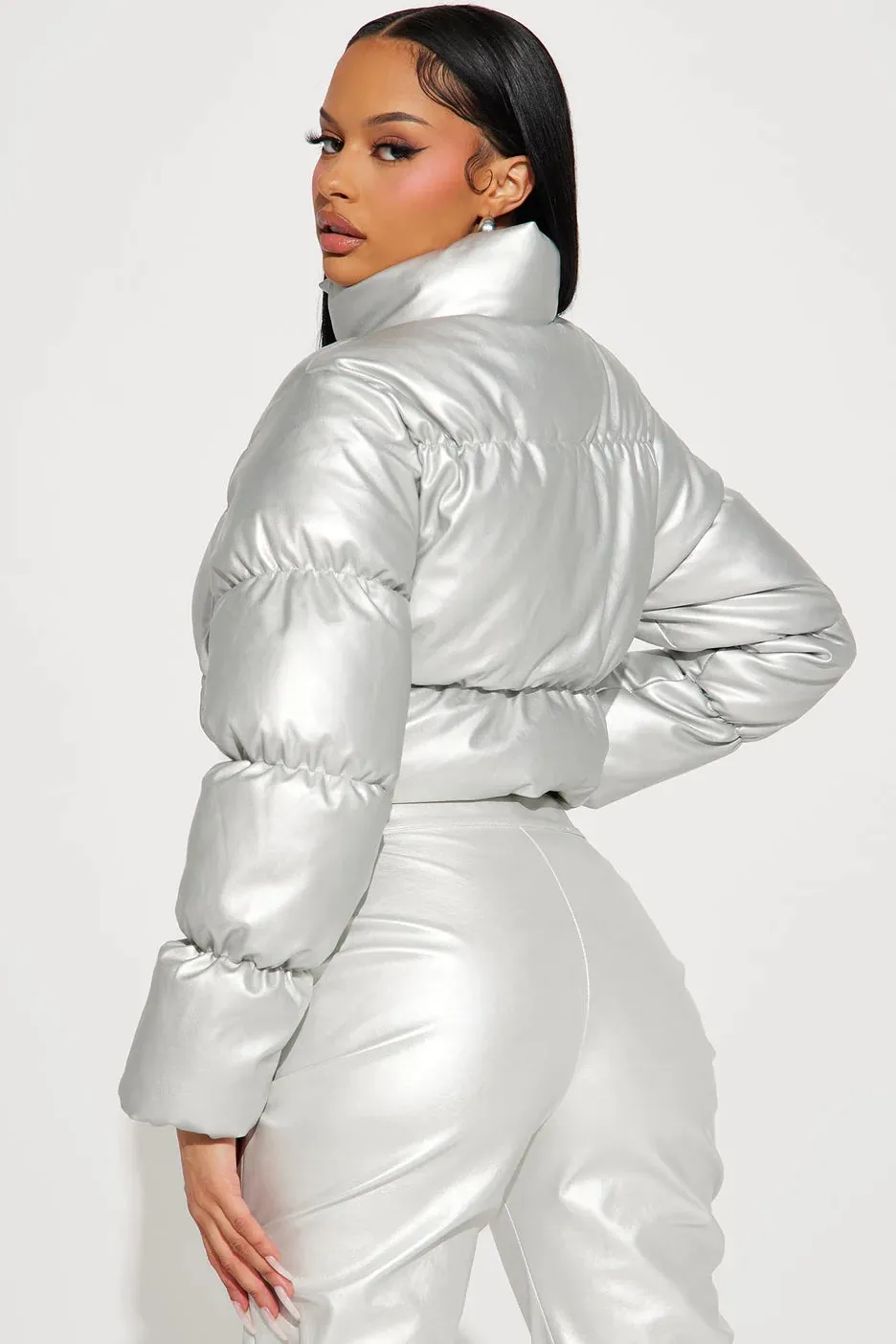 Metallic PU Leather Puffer Jacket