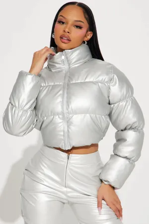 Metallic PU Leather Puffer Jacket