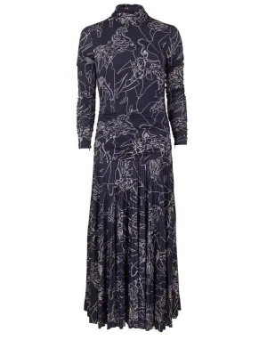 Midnight Long Sleeve Pleated Print Dress