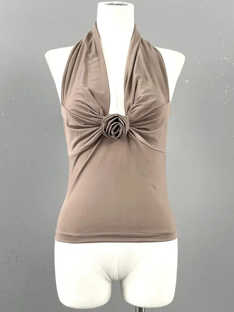 Minimalist Summer Tank Tops For Women Halter Sleeveless Spliced Floral Summer Sexy Vest Female Fashion Clothing
