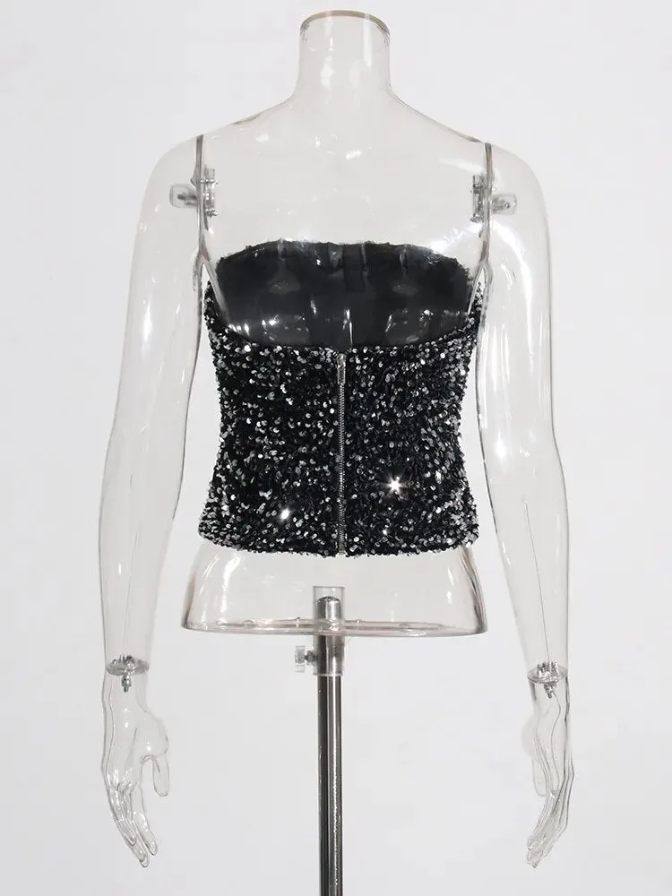 Minimalist Summer Tank Tops For Women Strapless Sleeveless Backless Temperament Spliced Sequins Vest Female