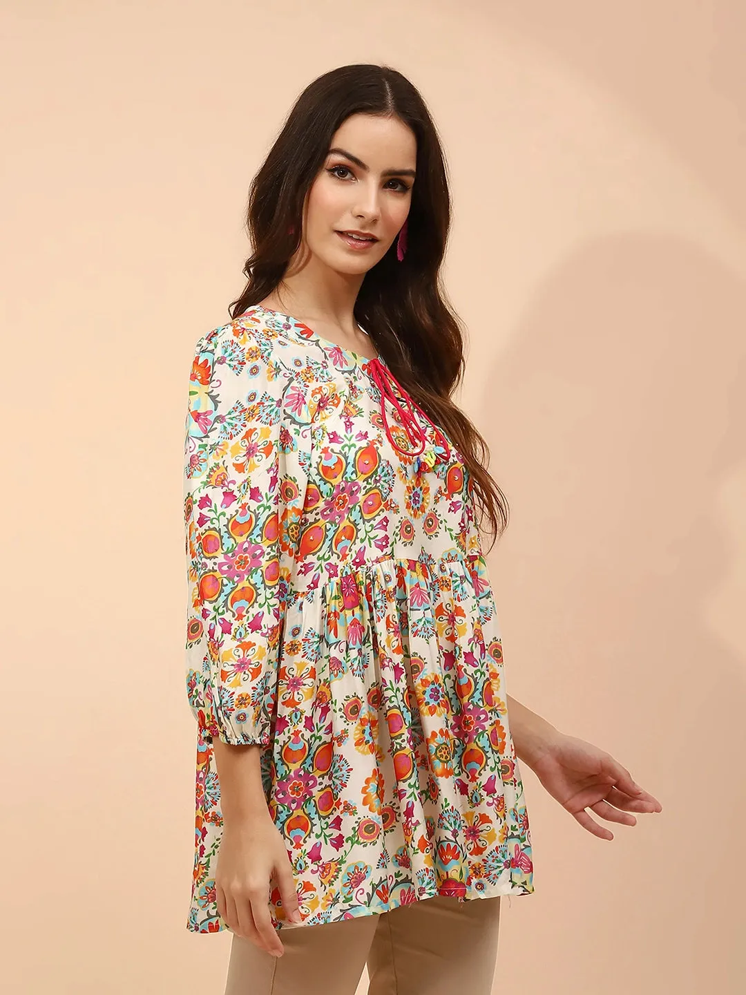 Multicolor Floral Printed Muslin Regular Fit Tunic
