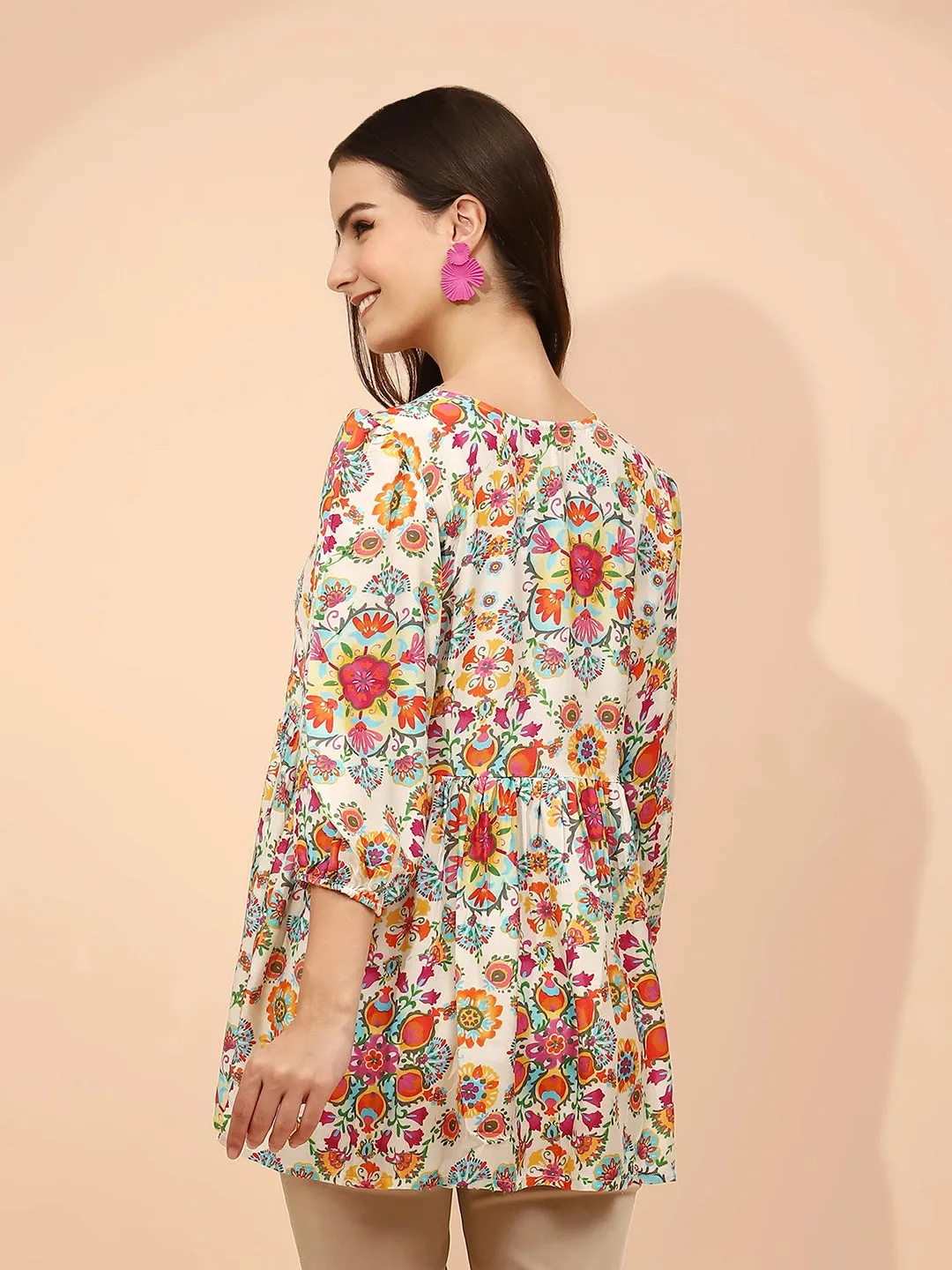 Multicolor Floral Printed Muslin Regular Fit Tunic