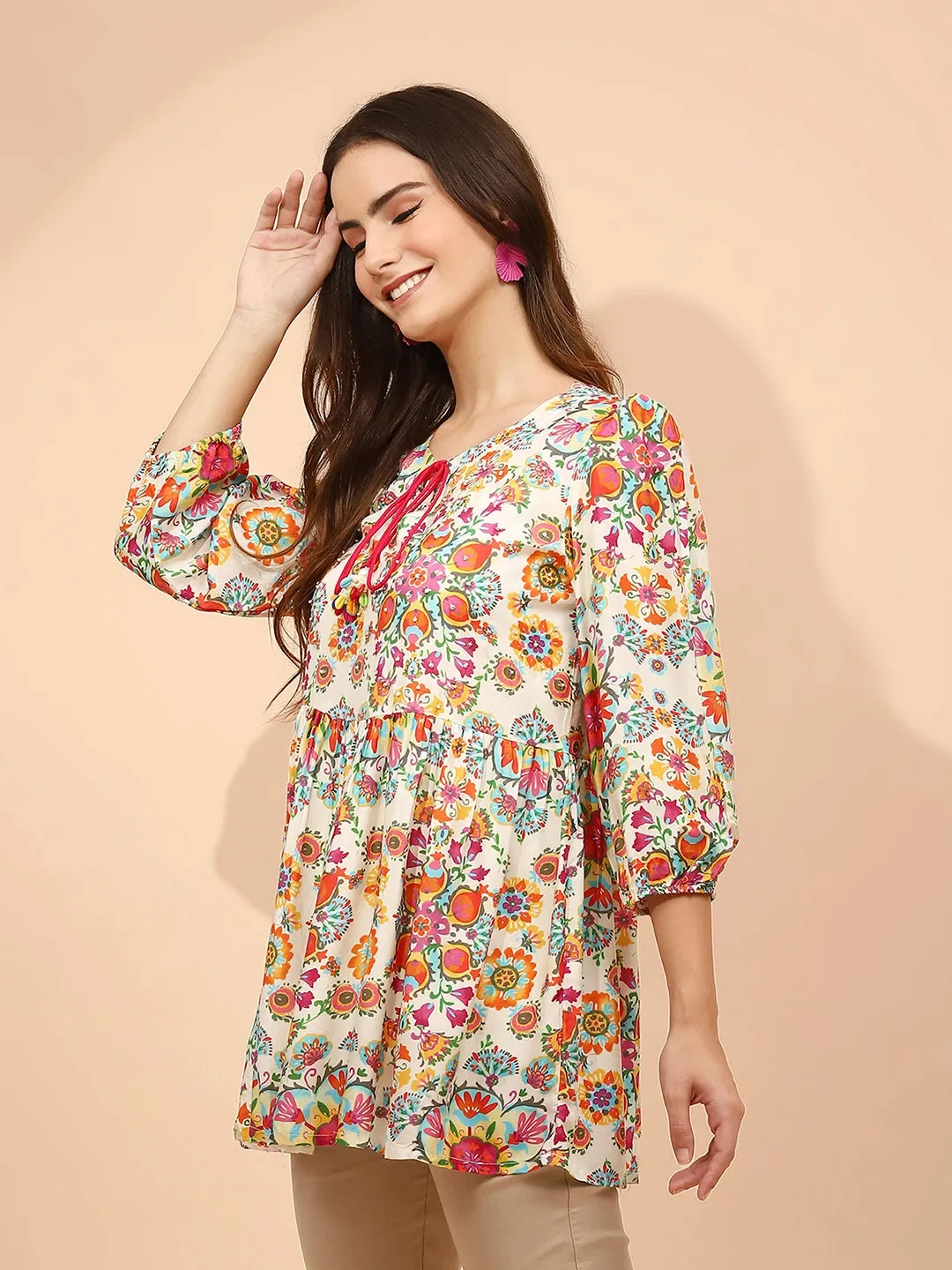 Multicolor Floral Printed Muslin Regular Fit Tunic