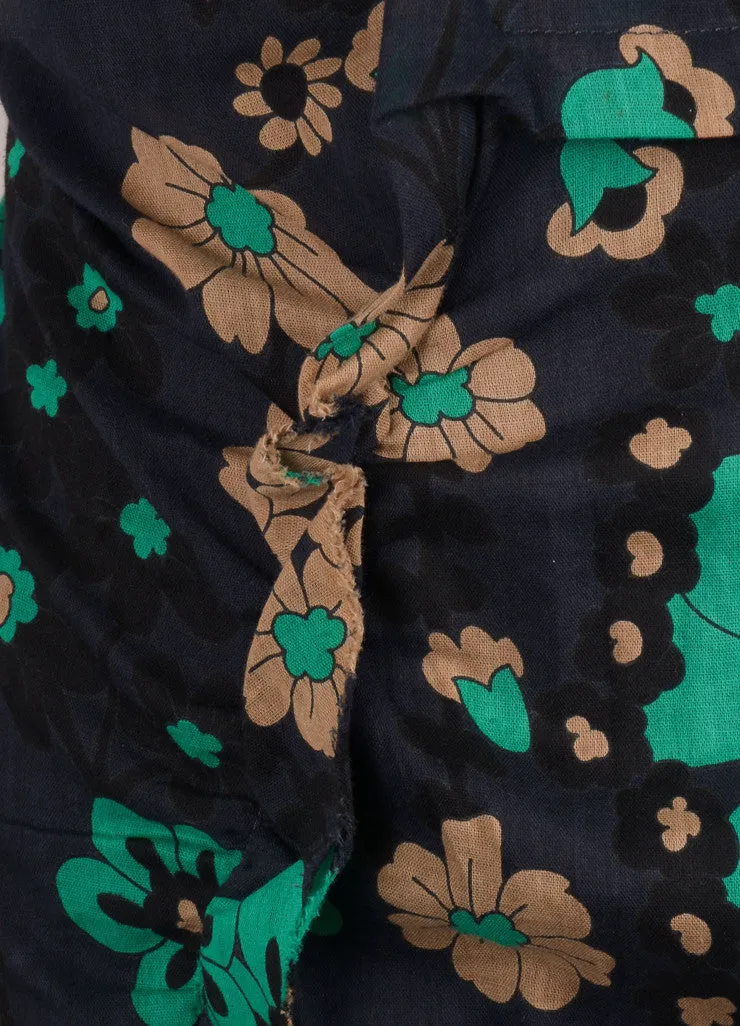 Navy, Green, and Tan Floral Print Sleeveless Cotton Dress