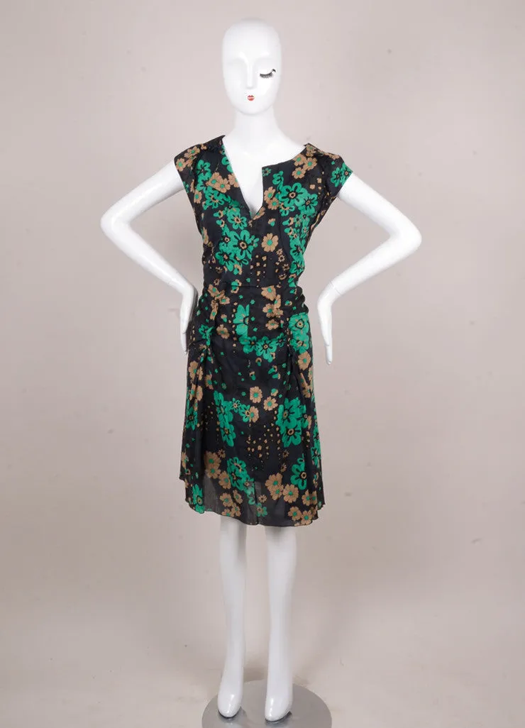 Navy, Green, and Tan Floral Print Sleeveless Cotton Dress