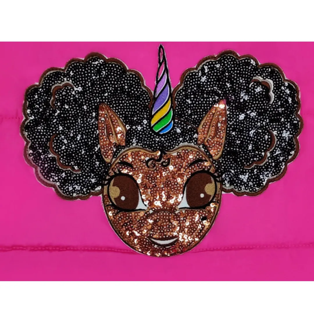 New Arrival: Puffer Vest with Afro Puff Unicorn Studded Sequin Logo Patch - Rose Pink