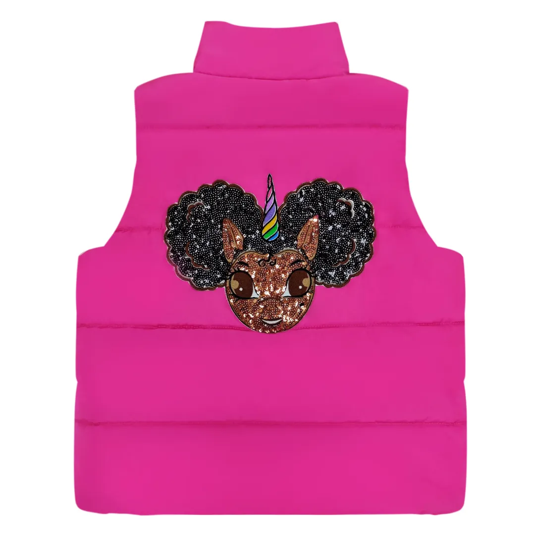 New Arrival: Puffer Vest with Afro Puff Unicorn Studded Sequin Logo Patch - Rose Pink