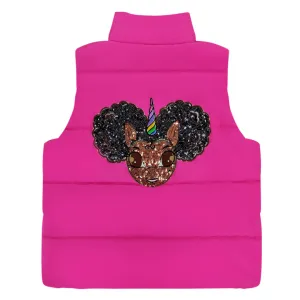 New Arrival: Puffer Vest with Afro Puff Unicorn Studded Sequin Logo Patch - Rose Pink
