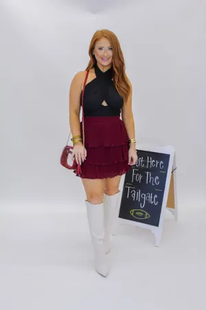 New Trends Ruffle Mini Skirt- Burgendy