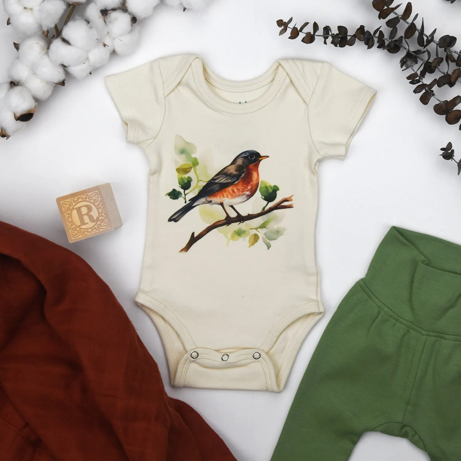 Organic Cotton Short Sleeve Baby Bodysuit, Robin