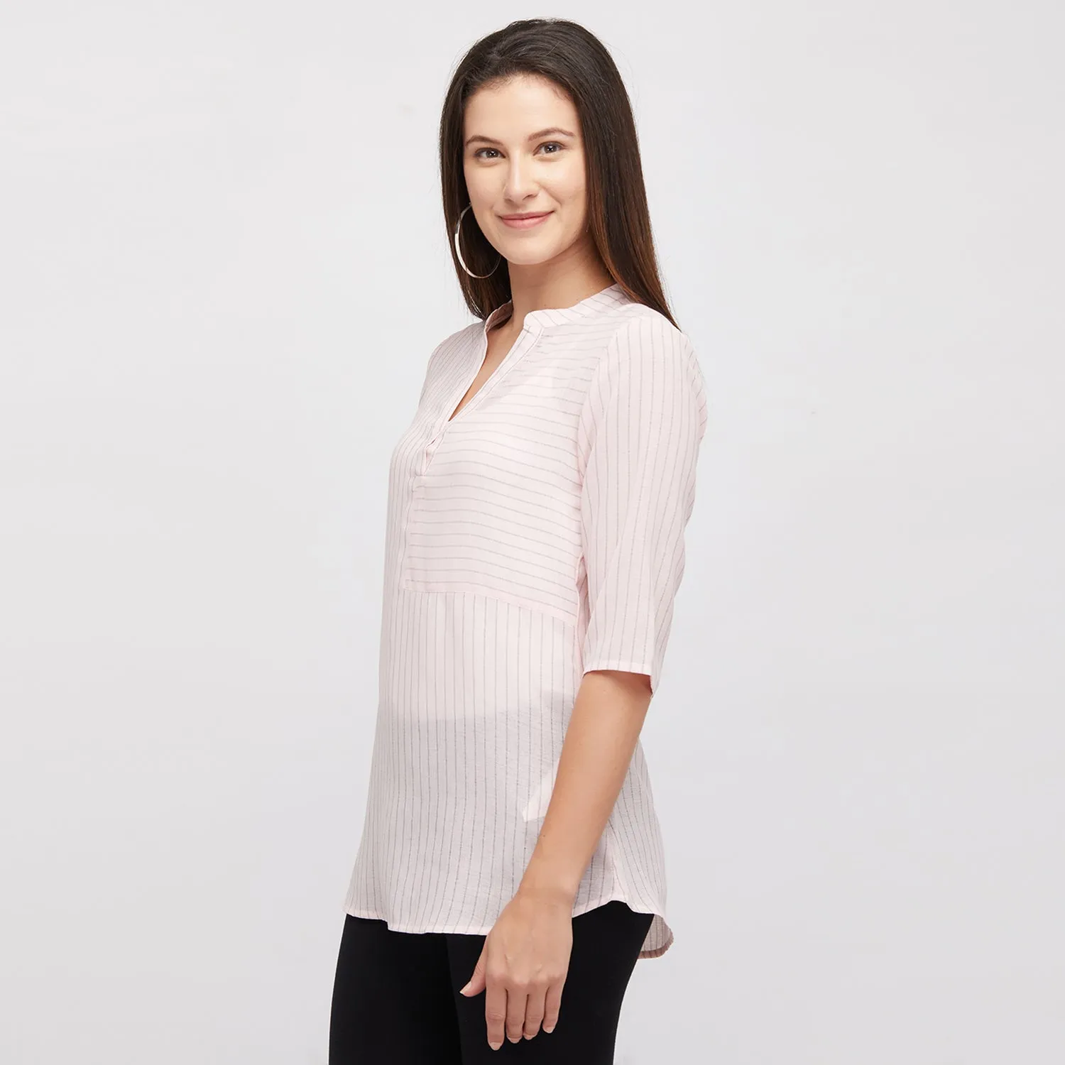 Pink Stripe Top With Mandarin Collar