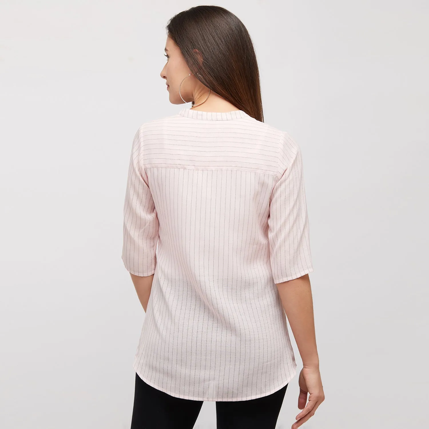 Pink Stripe Top With Mandarin Collar