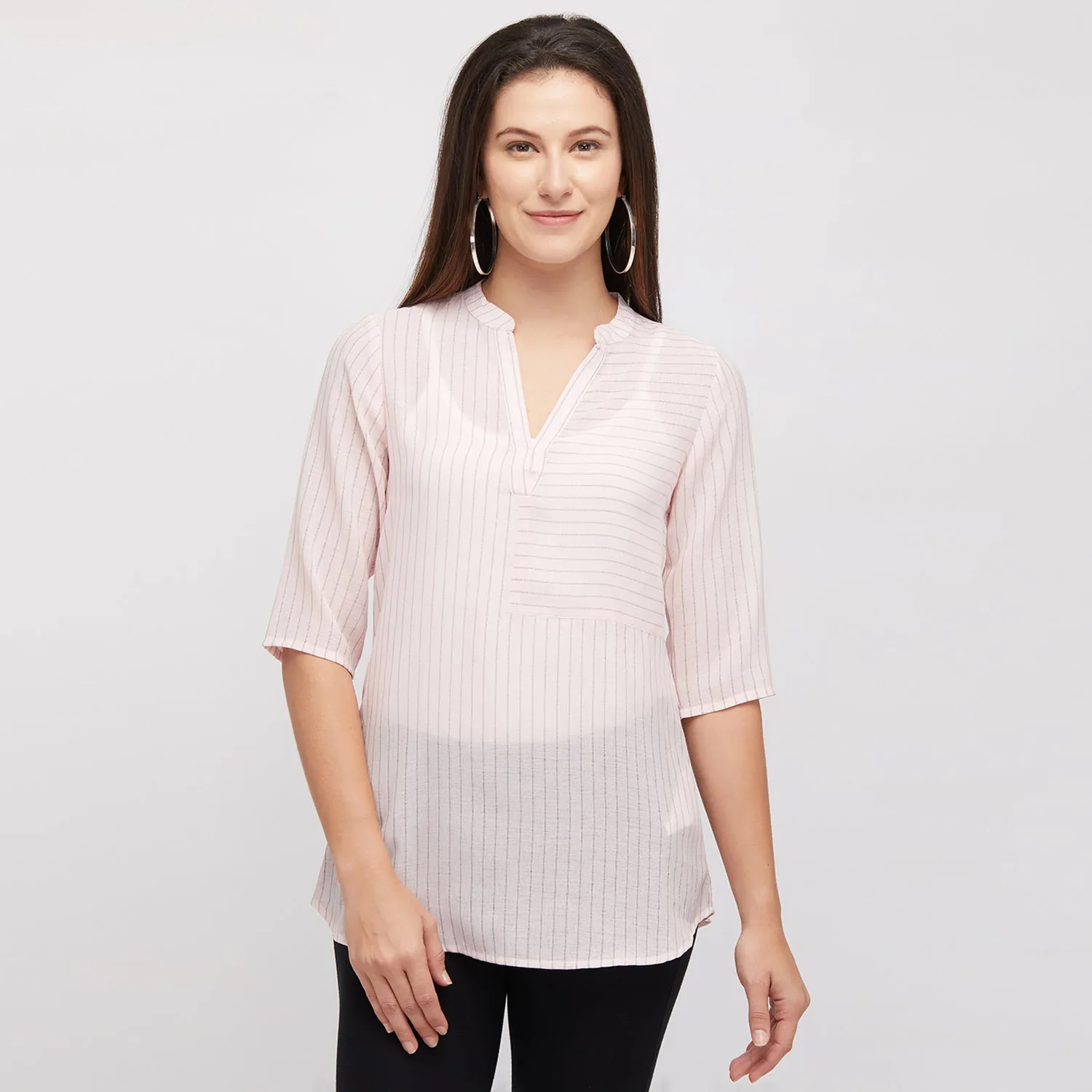 Pink Stripe Top With Mandarin Collar