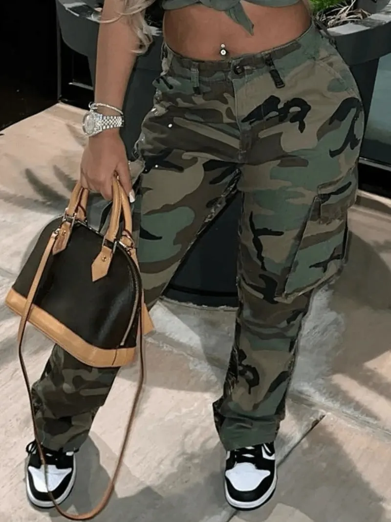 Plus Size Cargo Camouflage Mid Waist Casual Regular Pants