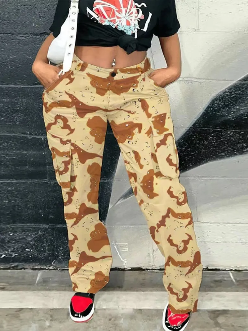 Plus Size Cargo Camouflage Mid Waist Casual Regular Pants