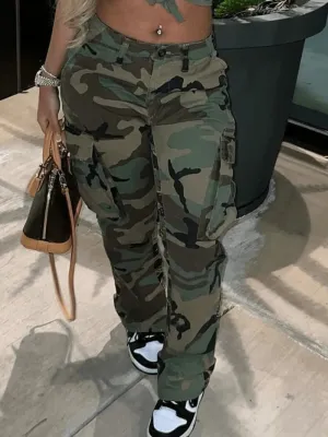 Plus Size Cargo Camouflage Mid Waist Casual Regular Pants
