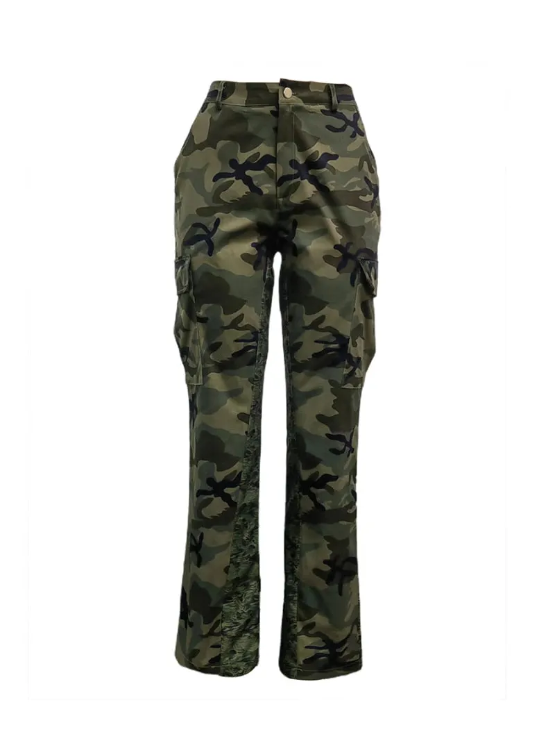 Plus Size Cargo Camouflage Mid Waist Casual Regular Pants