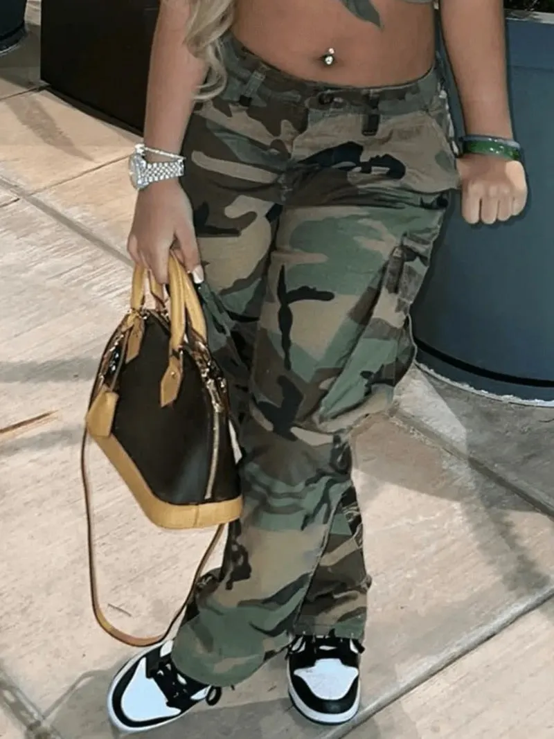 Plus Size Cargo Camouflage Mid Waist Casual Regular Pants
