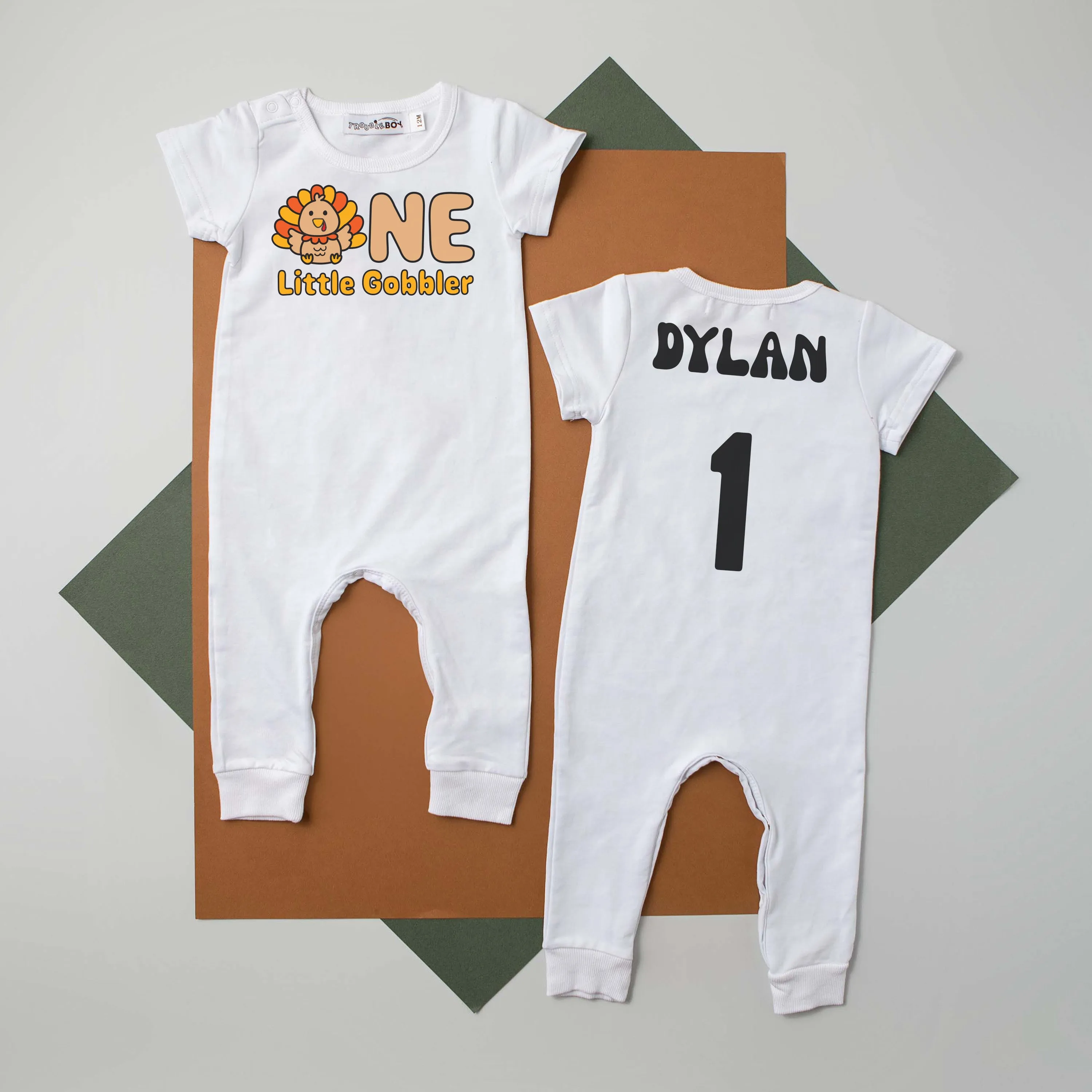 "ONE LITTLE GOBBLER" PERSONALIZED 1ST BIRTHDAY SHORT SLEEVE ROMPER FOR TURKEY DAY