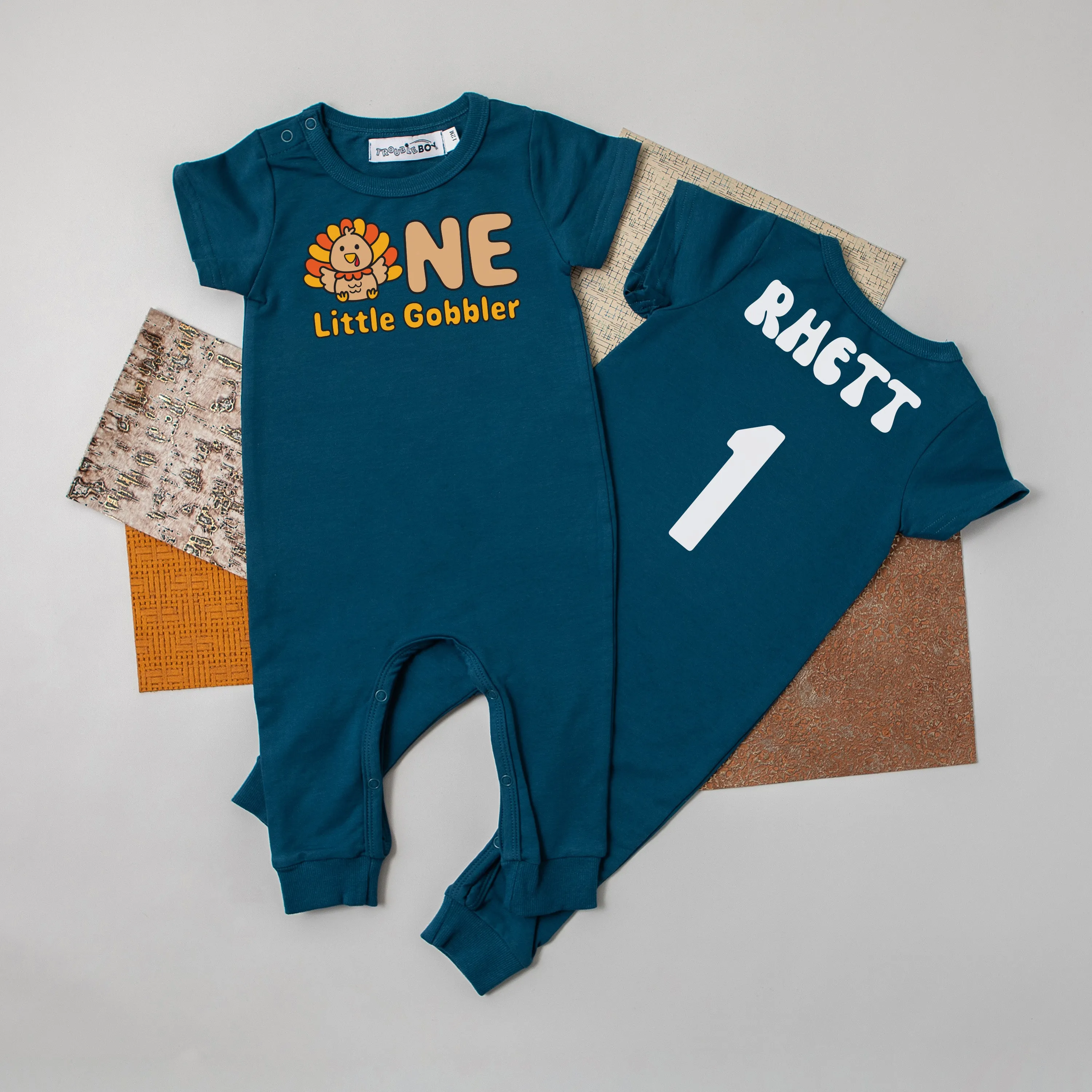 "ONE LITTLE GOBBLER" PERSONALIZED 1ST BIRTHDAY SHORT SLEEVE ROMPER FOR TURKEY DAY