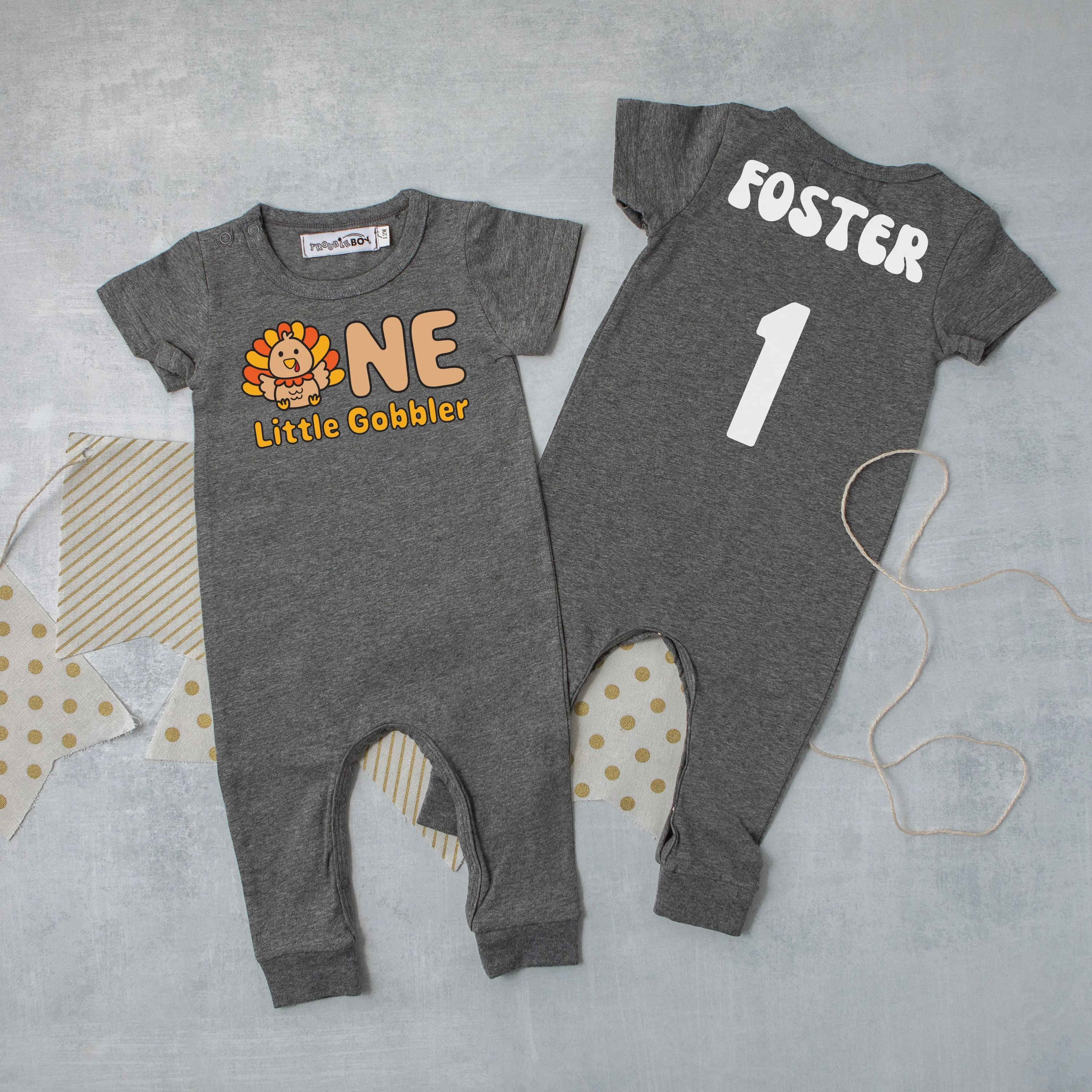 "ONE LITTLE GOBBLER" PERSONALIZED 1ST BIRTHDAY SHORT SLEEVE ROMPER FOR TURKEY DAY