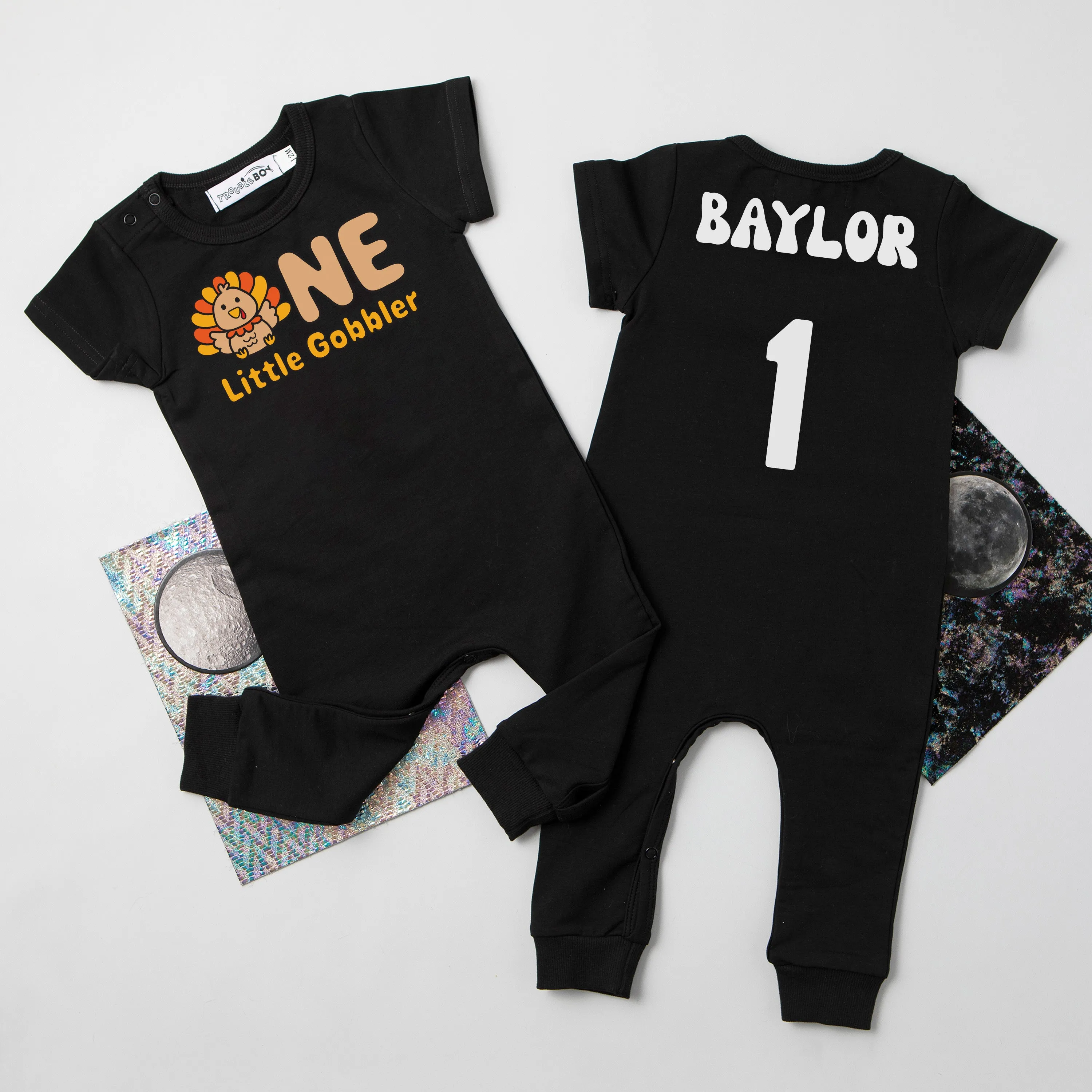 "ONE LITTLE GOBBLER" PERSONALIZED 1ST BIRTHDAY SHORT SLEEVE ROMPER FOR TURKEY DAY