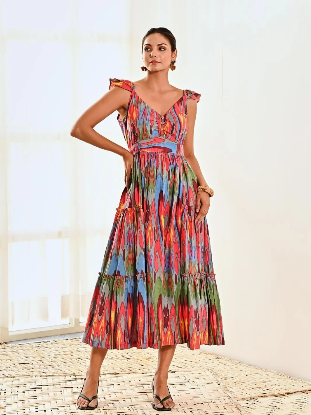 Red Ikat Print Cotton Maxi Long Dress