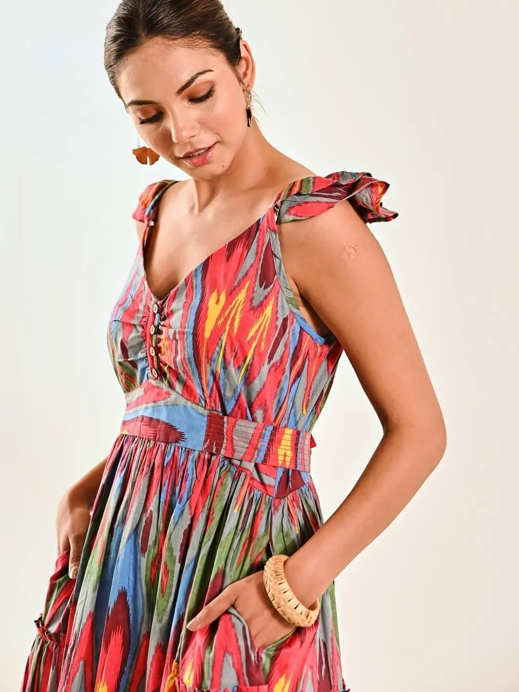 Red Ikat Print Cotton Maxi Long Dress