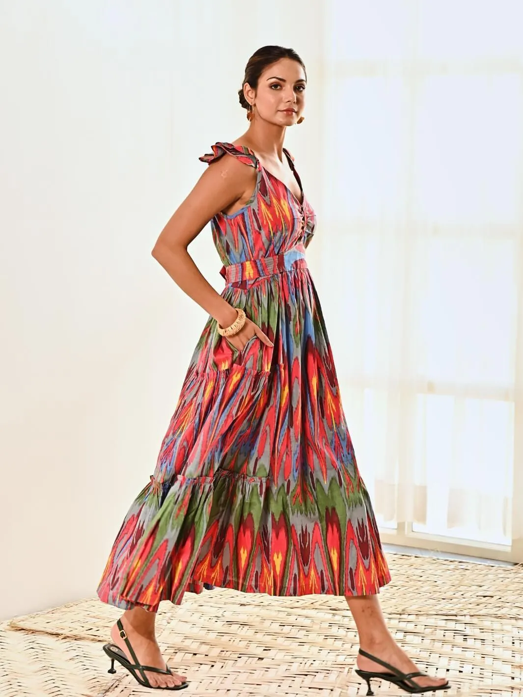 Red Ikat Print Cotton Maxi Long Dress