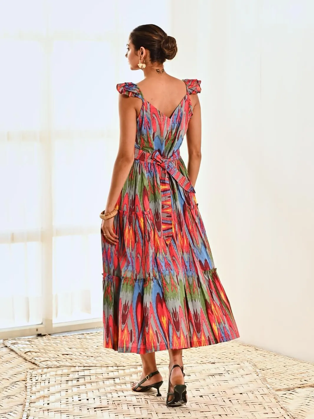 Red Ikat Print Cotton Maxi Long Dress