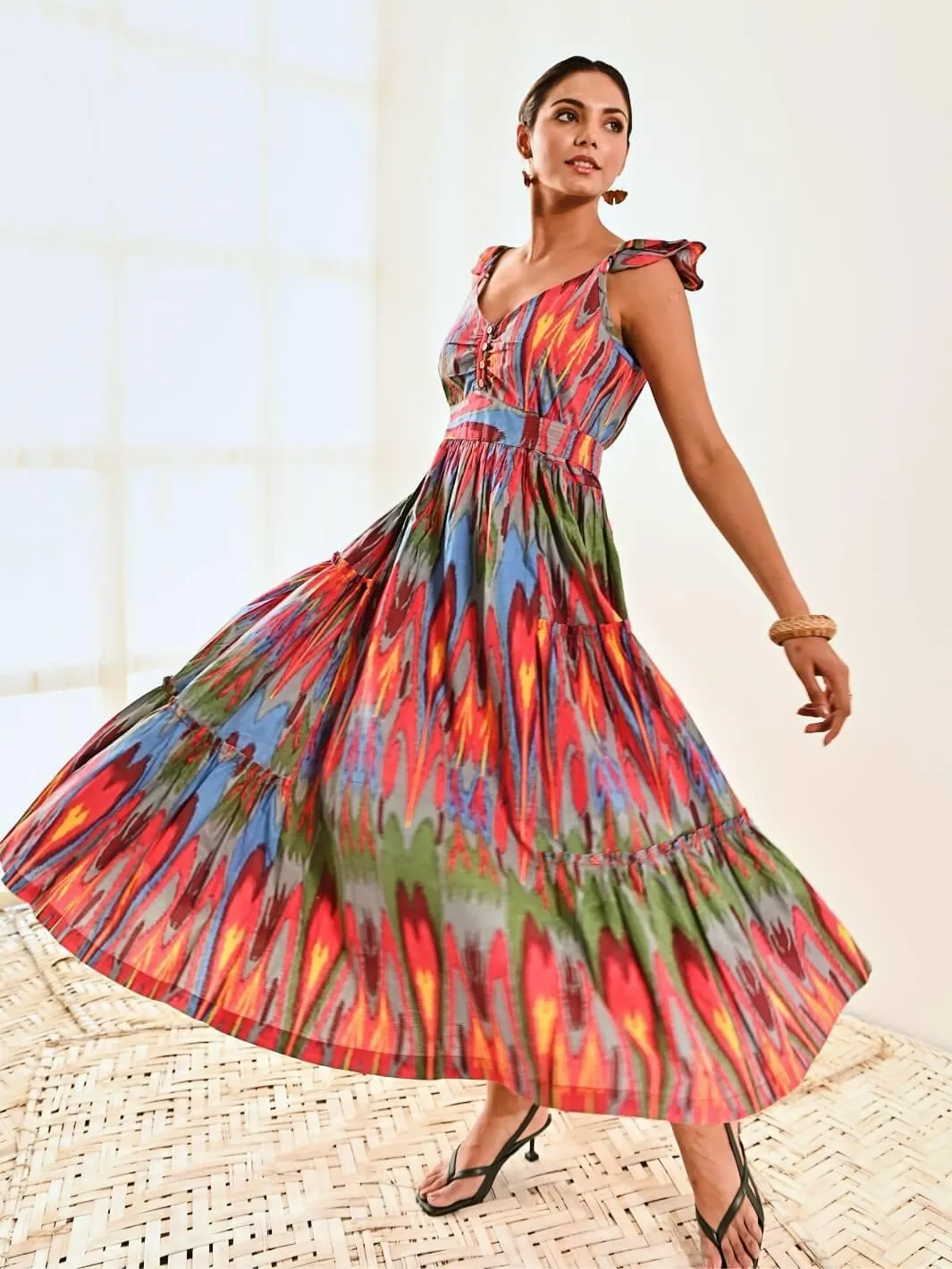Red Ikat Print Cotton Maxi Long Dress