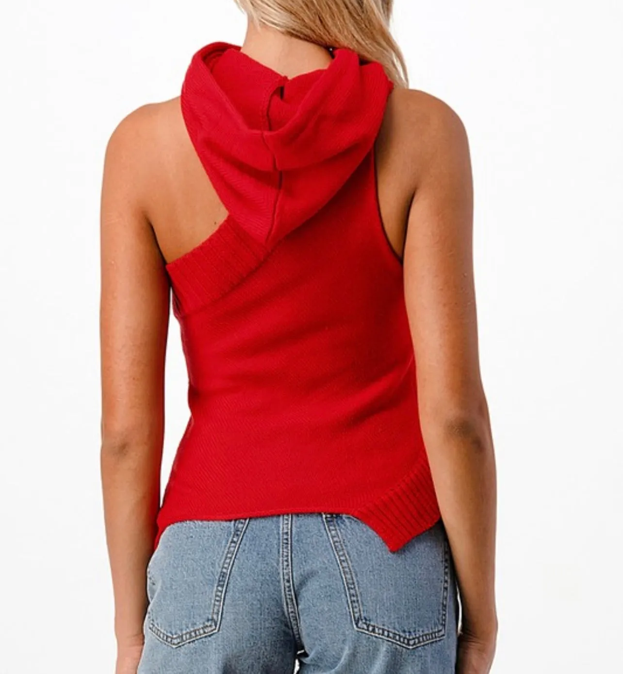 Red Knit Asymmetrical Hoodie Top