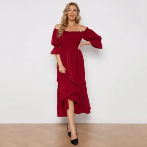 Red off the shoulder dress ruffled sleeves