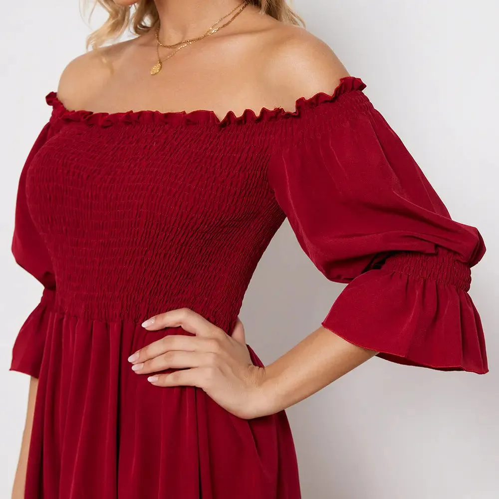 Red off the shoulder dress ruffled sleeves